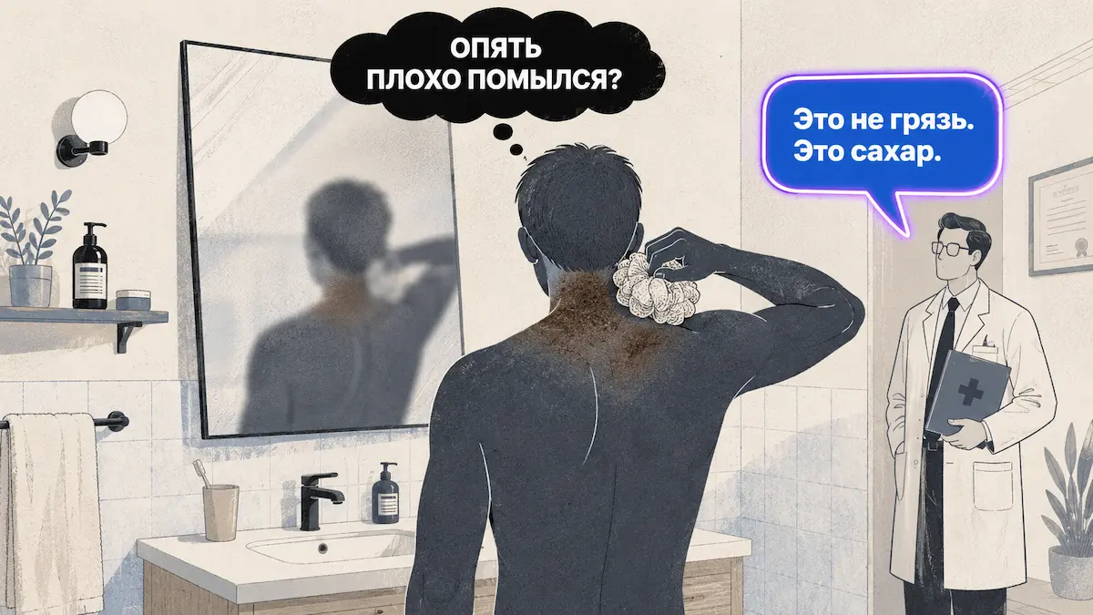 Преддиабет — чёрный акантоз на шее, иллюстрация, kakpohudet.ru
