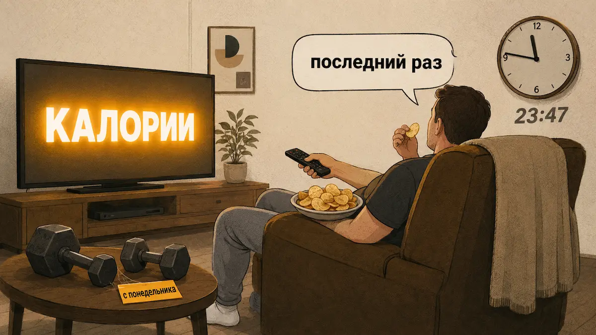 Вечерние срывы и висцеральный жир Висцеральный жир и вечерние перекусы — узнаваемая сцена