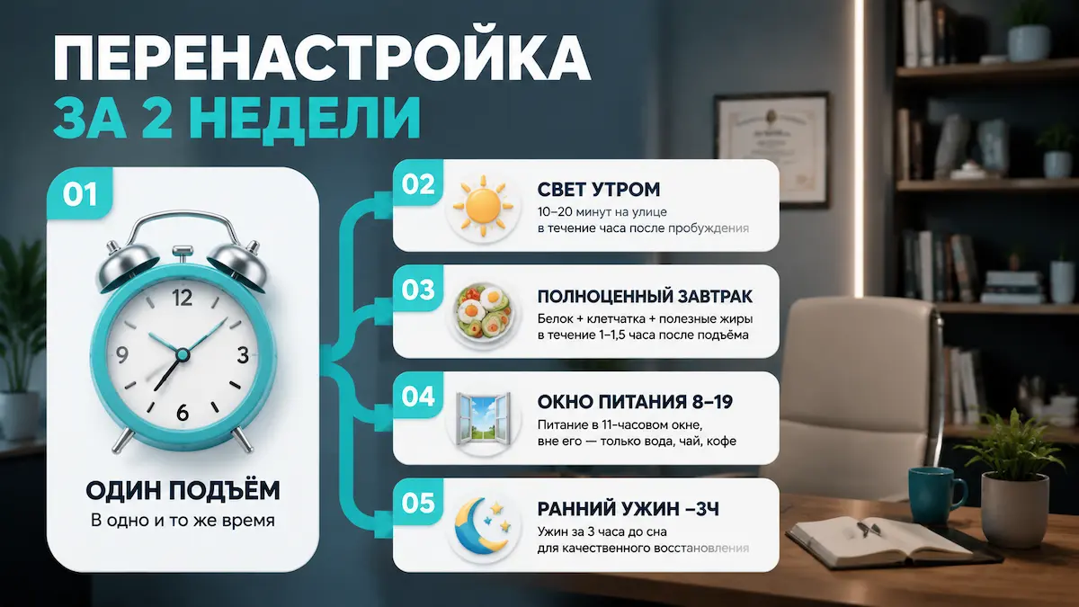 Чек-лист перенастройки биочасов: подъём, свет, завтрак, окно питания, ужин за 3 часа до сна