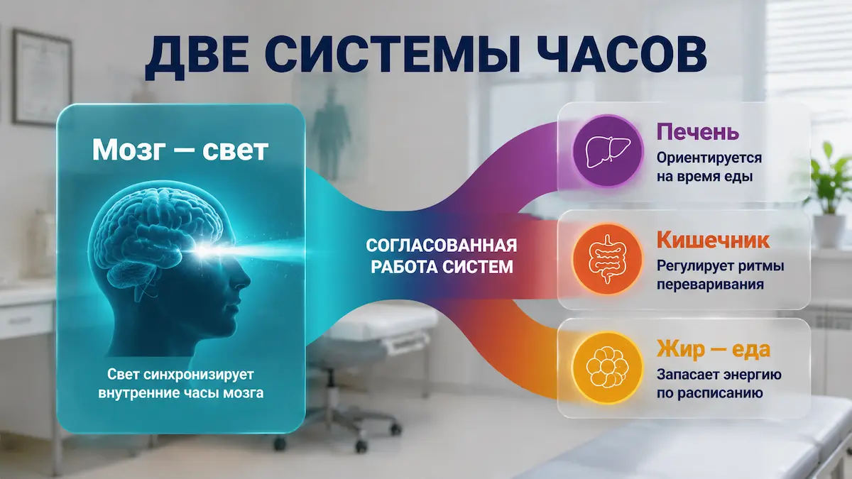 Циркадные ритмы и вес: главные часы в мозге и периферические часы в органах