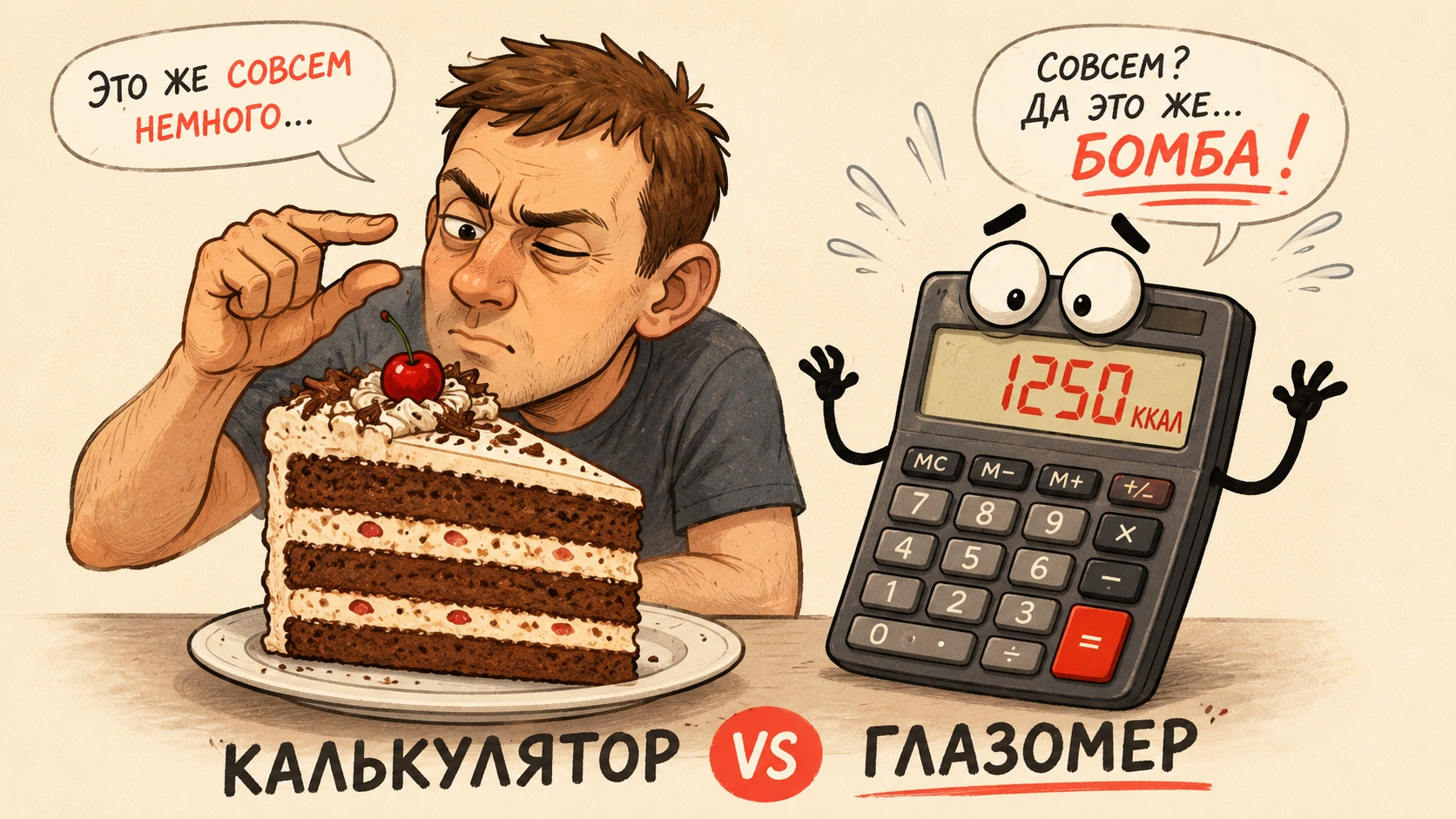 Подсчёт калорий на глаз против формулы — бытовая сцена