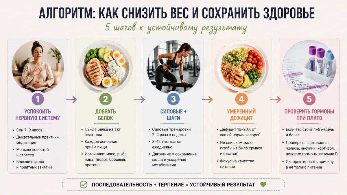 Инфографика: алгоритм снижения веса — стресс, белок, силовые тренировки, умеренный дефицит и проверка гормонов при плато