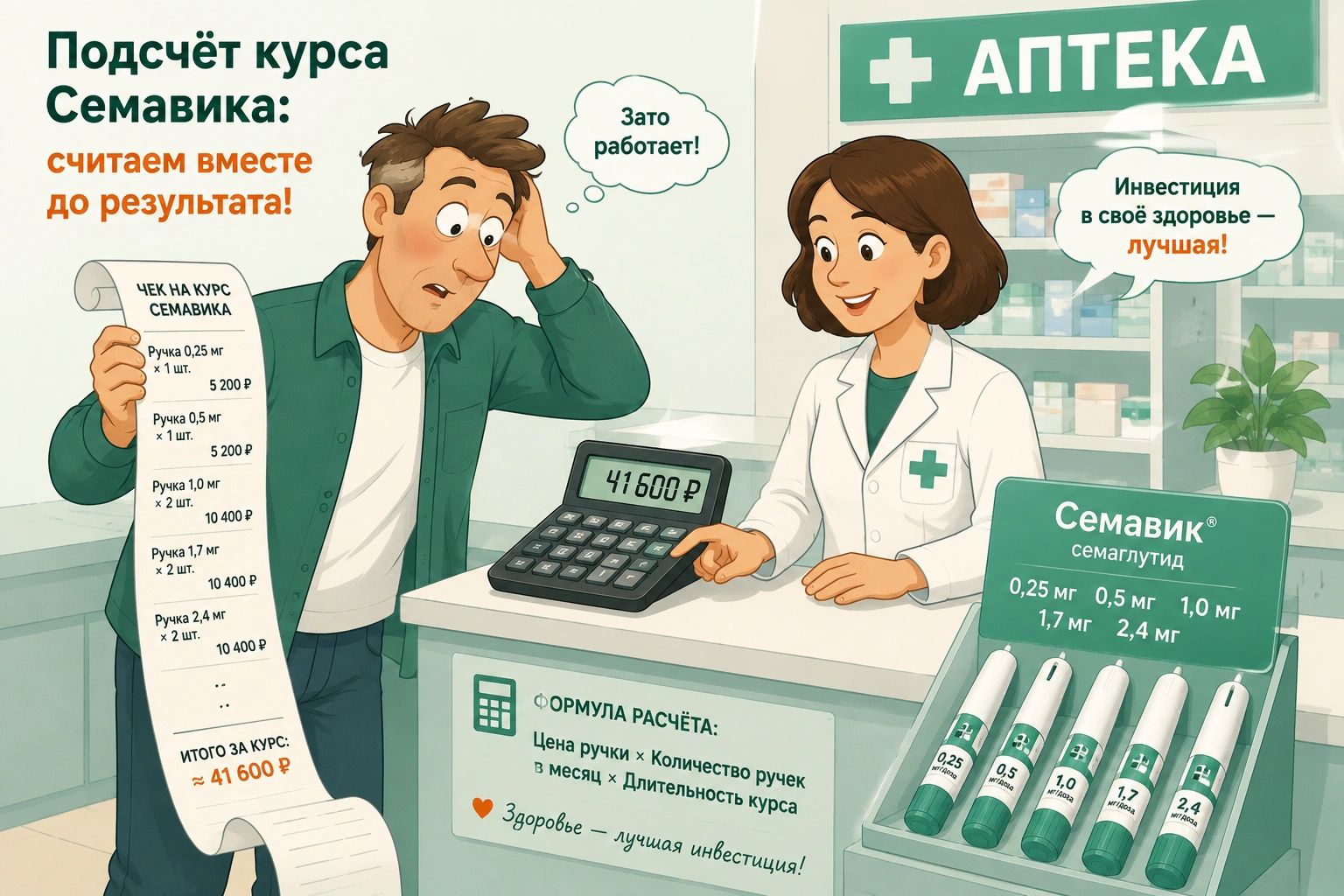 У аптечной кассы с калькулятором — подсчёт курса