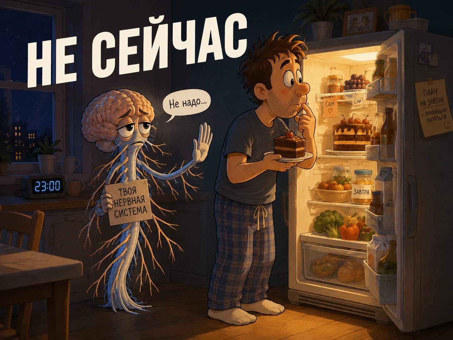 Человек и его нервная система спорят у холодильника поздним вечером