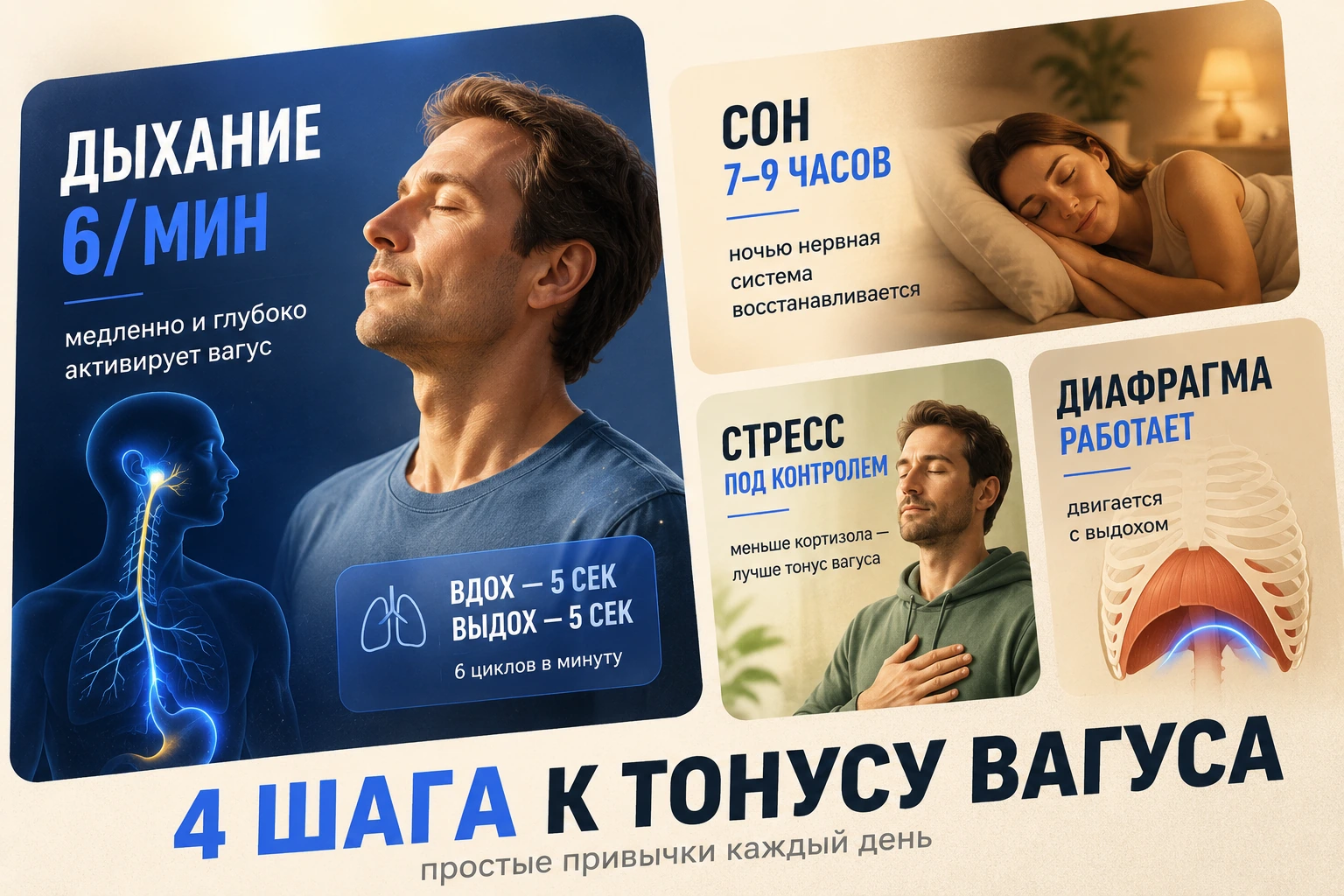Четыре шага восстановления тонуса вагуса: дыхание, сон, стресс, движение