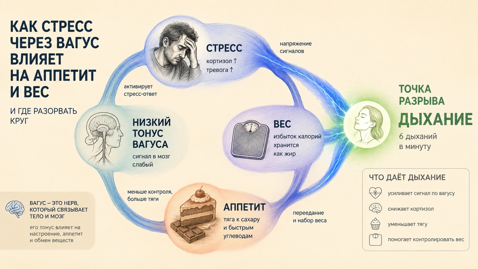 Схема-карта: как стресс через вагус влияет на аппетит и вес и где разорвать круг