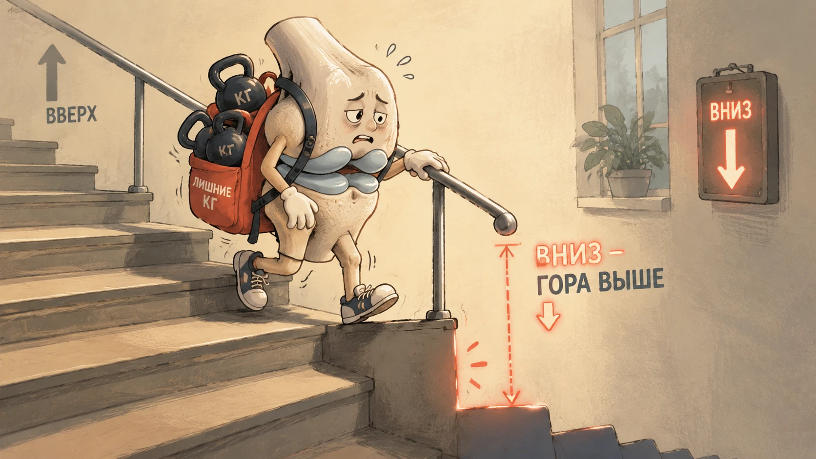 Болят колени лишний вес — иллюстрация про лестницу, kakpohudet.ru