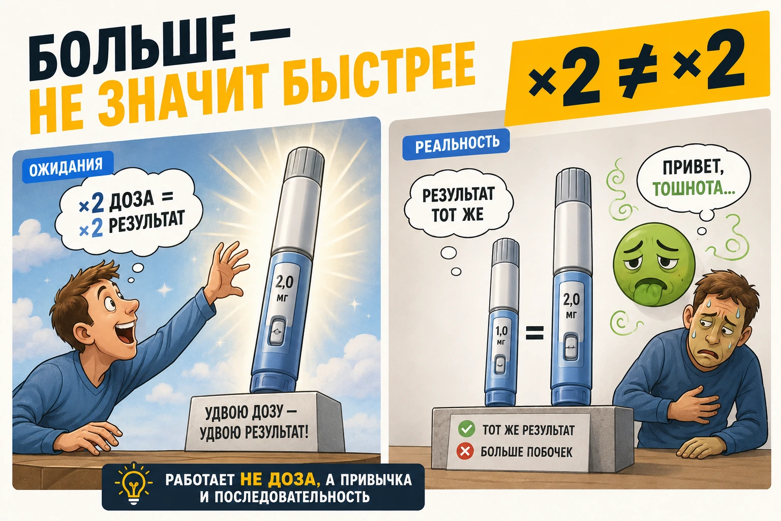 Человек тянется к большой дозе, эффект тот же