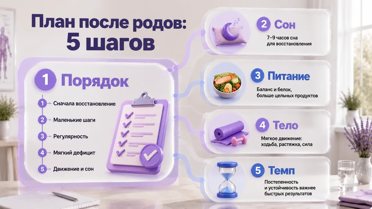 Пошаговый план похудения после родов: сон, питание, мягкий дефицит, движение, темп