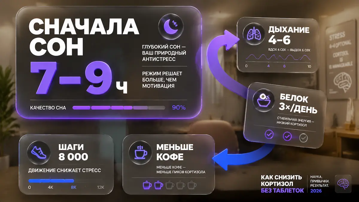 Как снизить кортизол без таблеток — инфографика, kakpohudet.ru