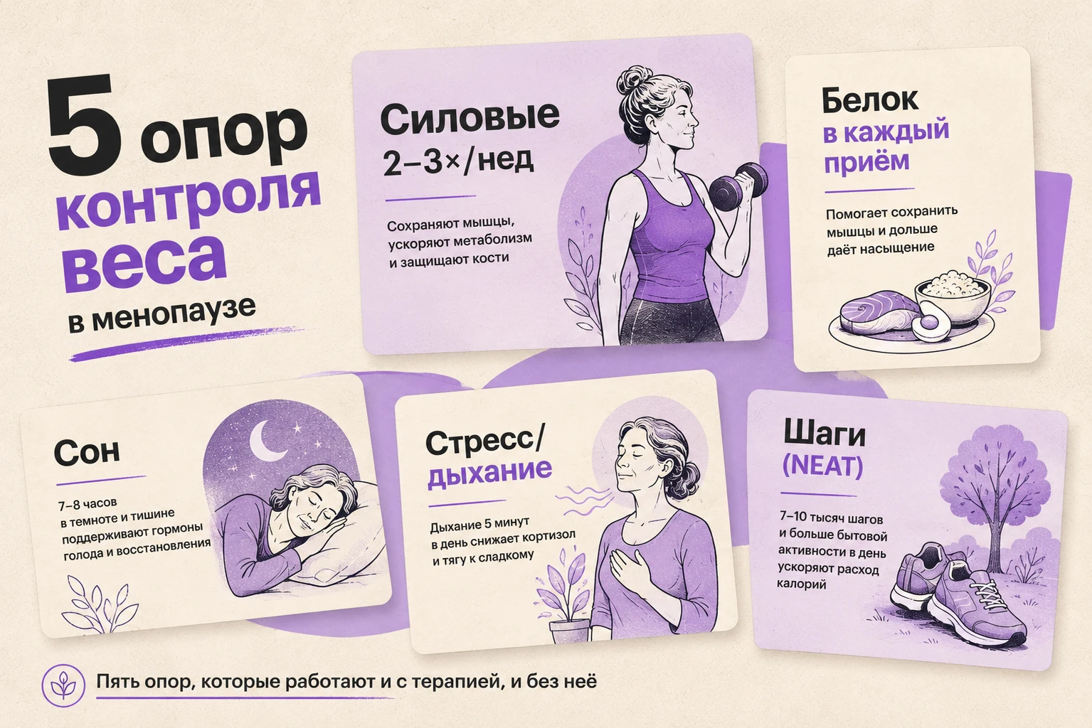 Пять опор контроля веса в менопаузе: силовые, белок, сон, стресс, движение