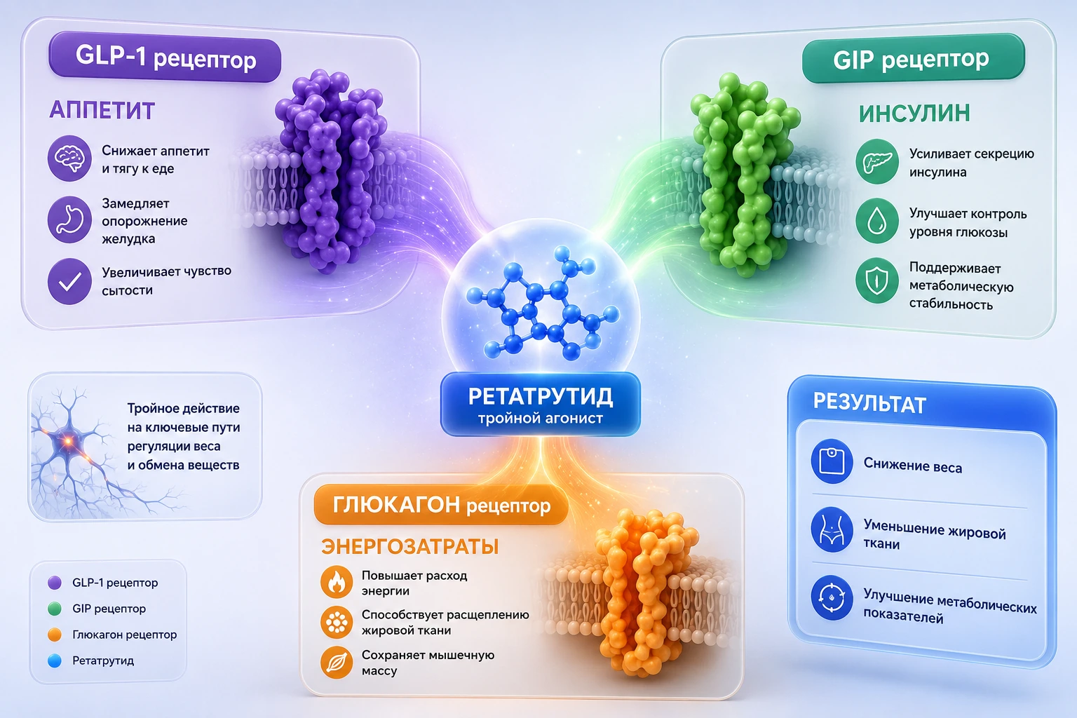 Схема-карта: три рецептора GLP-1, GIP и глюкагона и их роль в снижении веса
