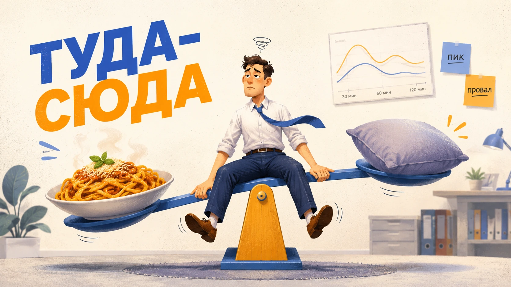Человек на качелях-весах между тарелкой пасты и подушкой
