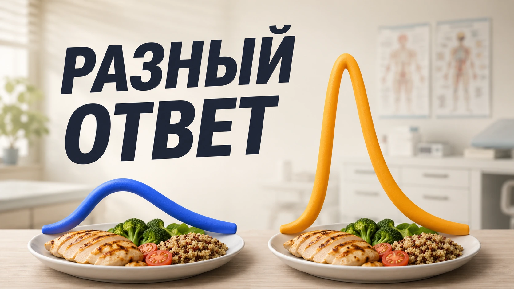 Две расходящиеся кривые глюкозы после одинаковой еды на фоне циферблата