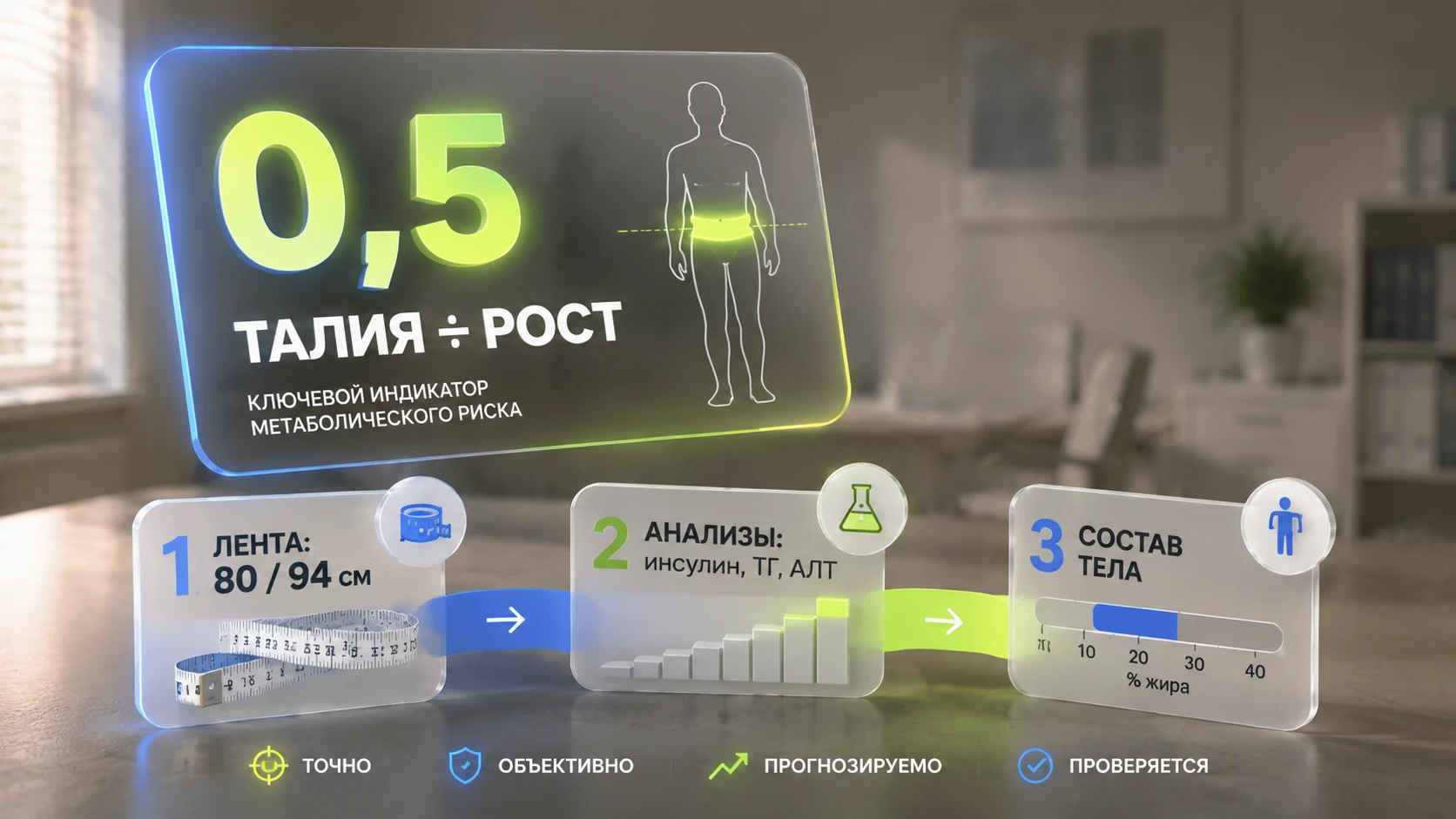 Схема: талия, состав тела и анализы как три уровня проверки метаболического риска