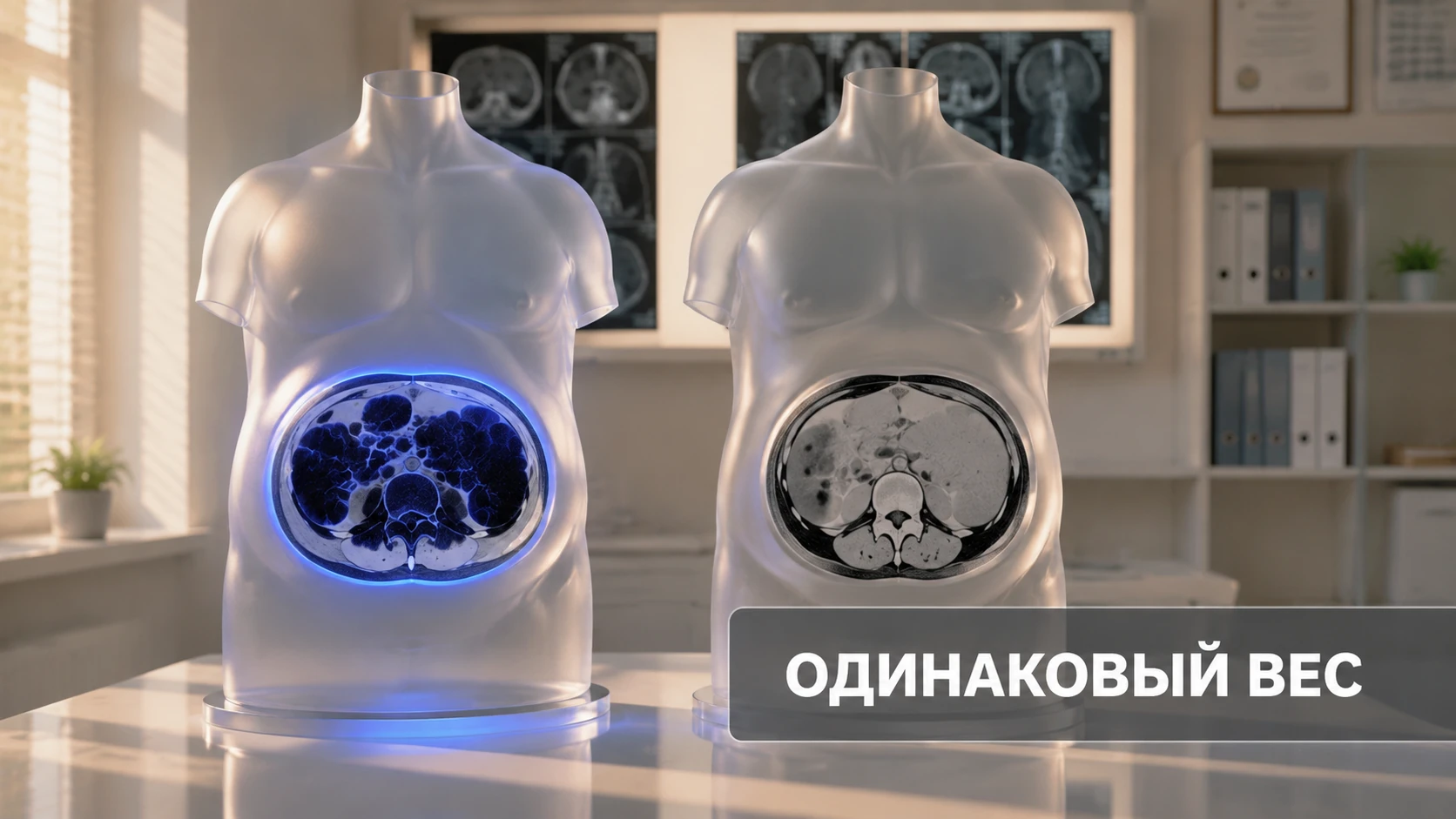 Два одинаковых силуэта с разным количеством внутреннего жира на срезе МРТ