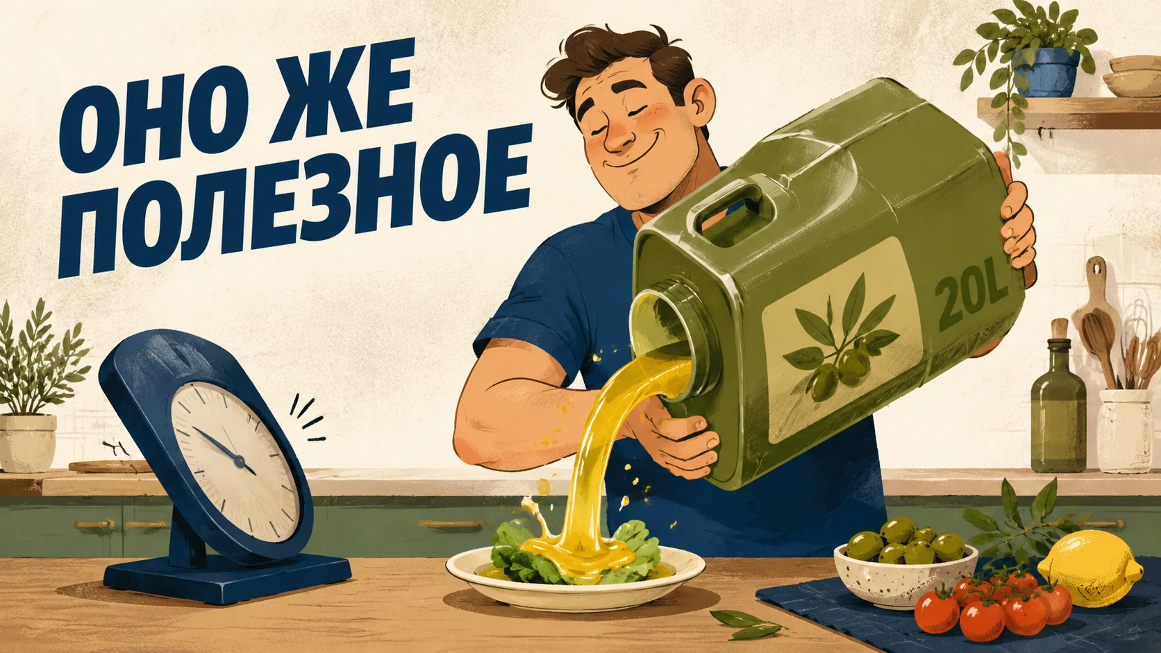Человек поливает салат оливковым маслом из огромной канистры