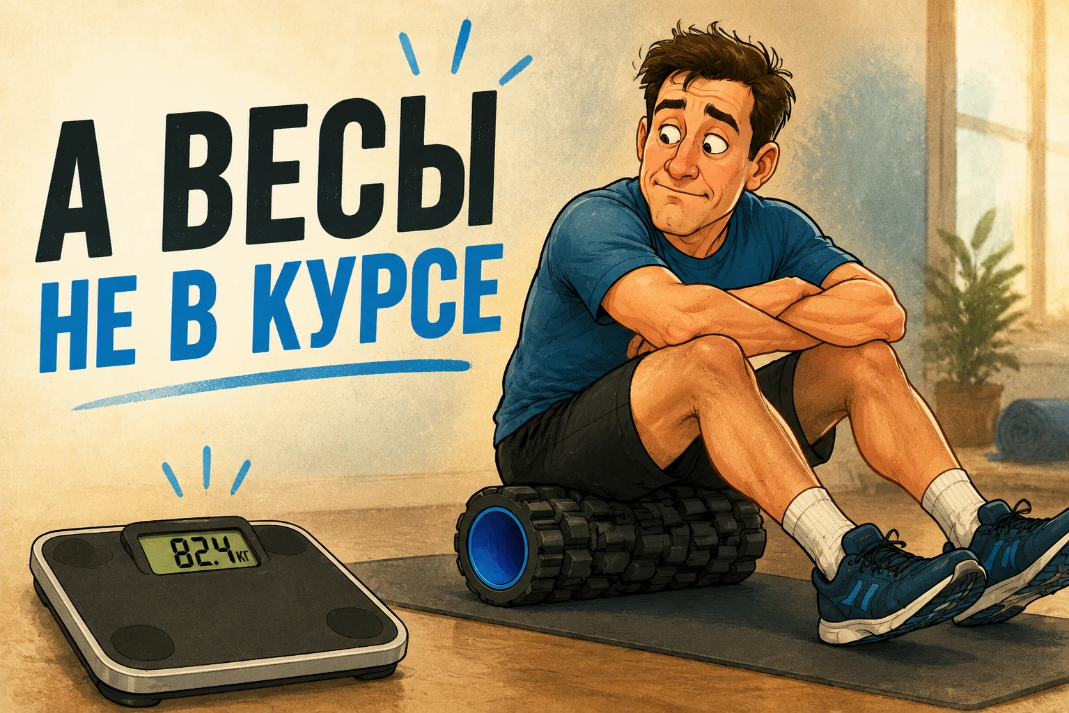 человек катается на ролле и смотрит на весы с тем же числом.