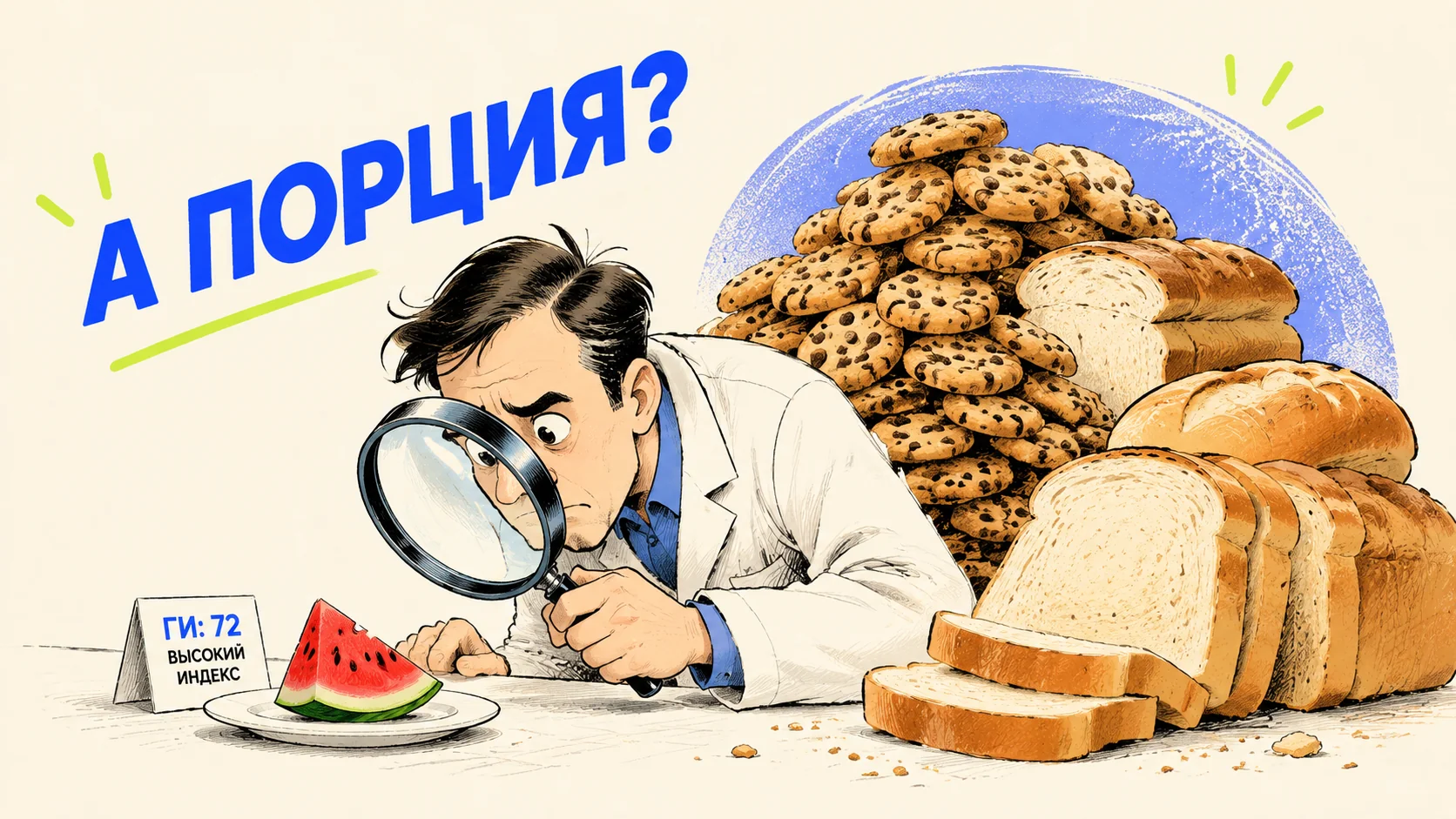 Человек с лупой изучает индекс арбуза, не замечая горы печенья рядом