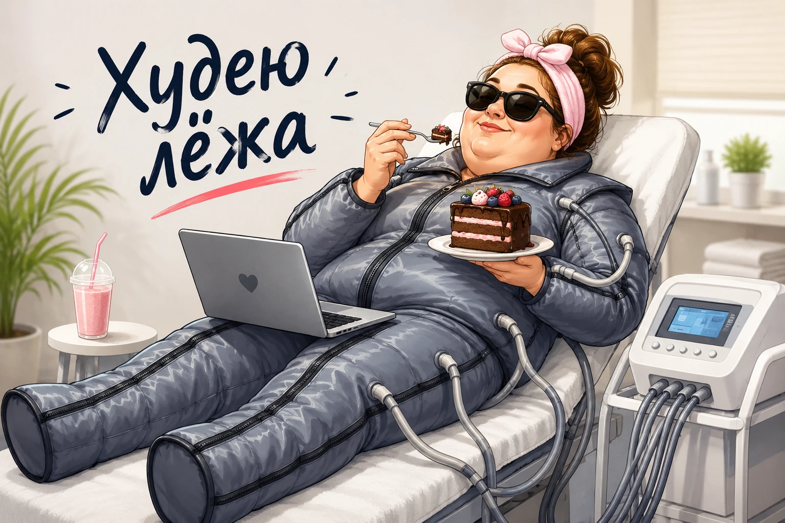 Ироничная иллюстрация ожиданий от аппаратного похудения