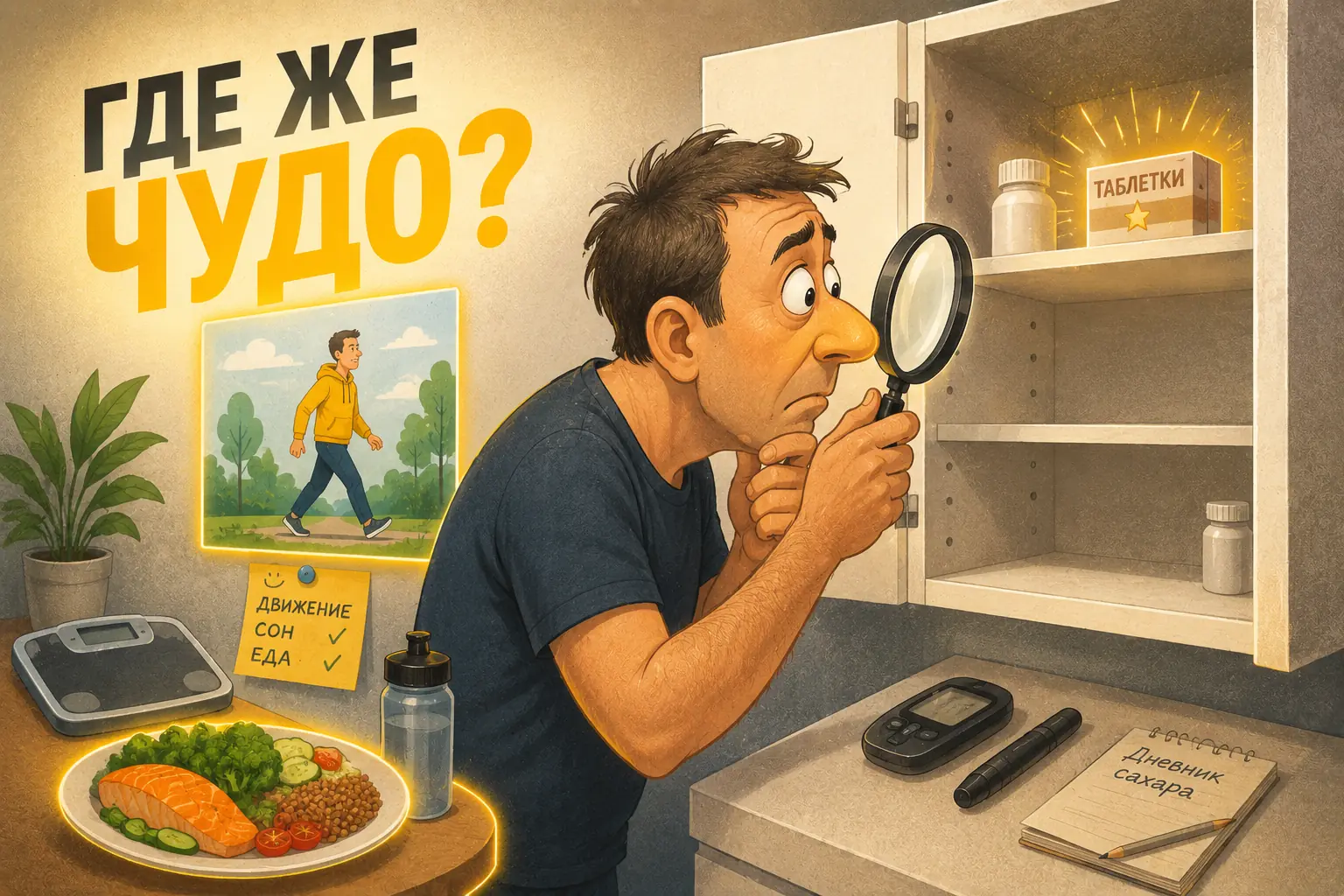 Человек ищет чудо-таблетку от диабета, а рядом стоят весы и тарелка с нормальной едой