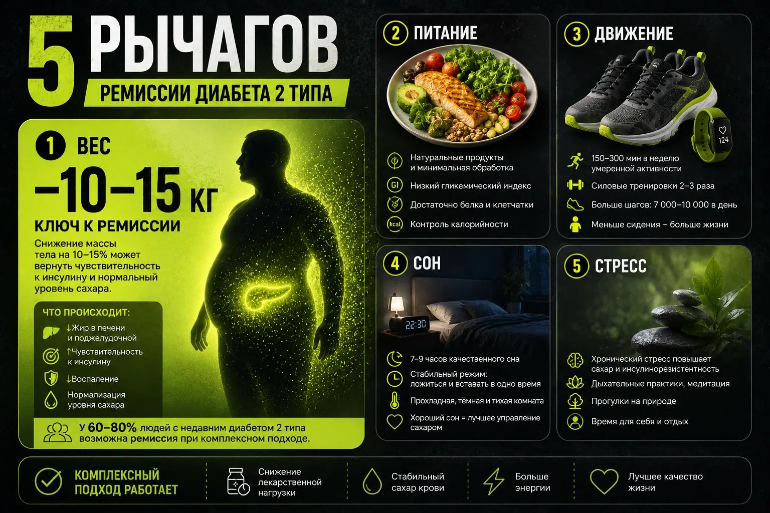 Пять рычагов ремиссии диабета 2 типа: вес, питание, движение, сон, стресс