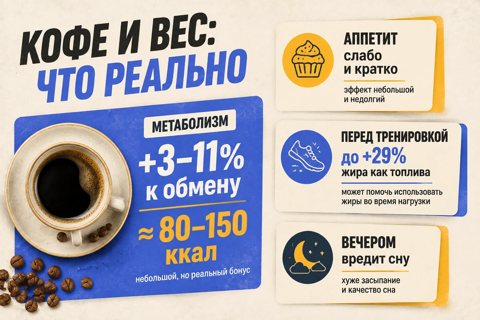 Инфографика: вклад кофе в похудение — метаболизм, аппетит, тренировка, сон