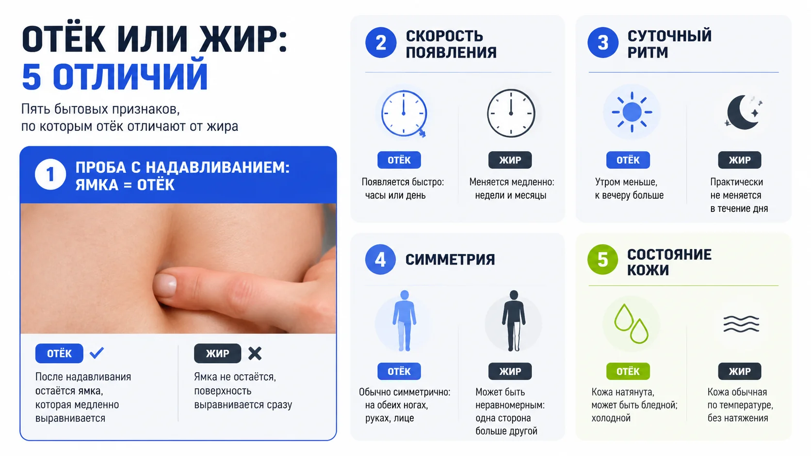 Отёк или жир: 5 отличий — проба с надавливанием, скорость, суточный ритм, симметрия, кожа