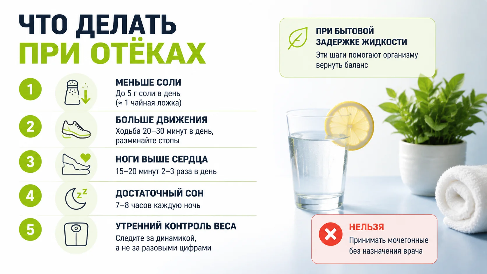 Что делать при отёках: меньше соли, движение, разгрузка ног, сон, утренний контроль веса