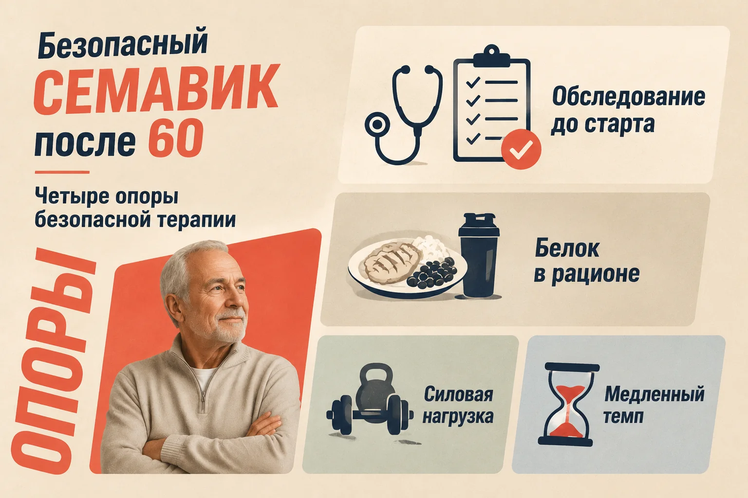Четыре опоры безопасного приёма: обследование, белок, сила, темп
