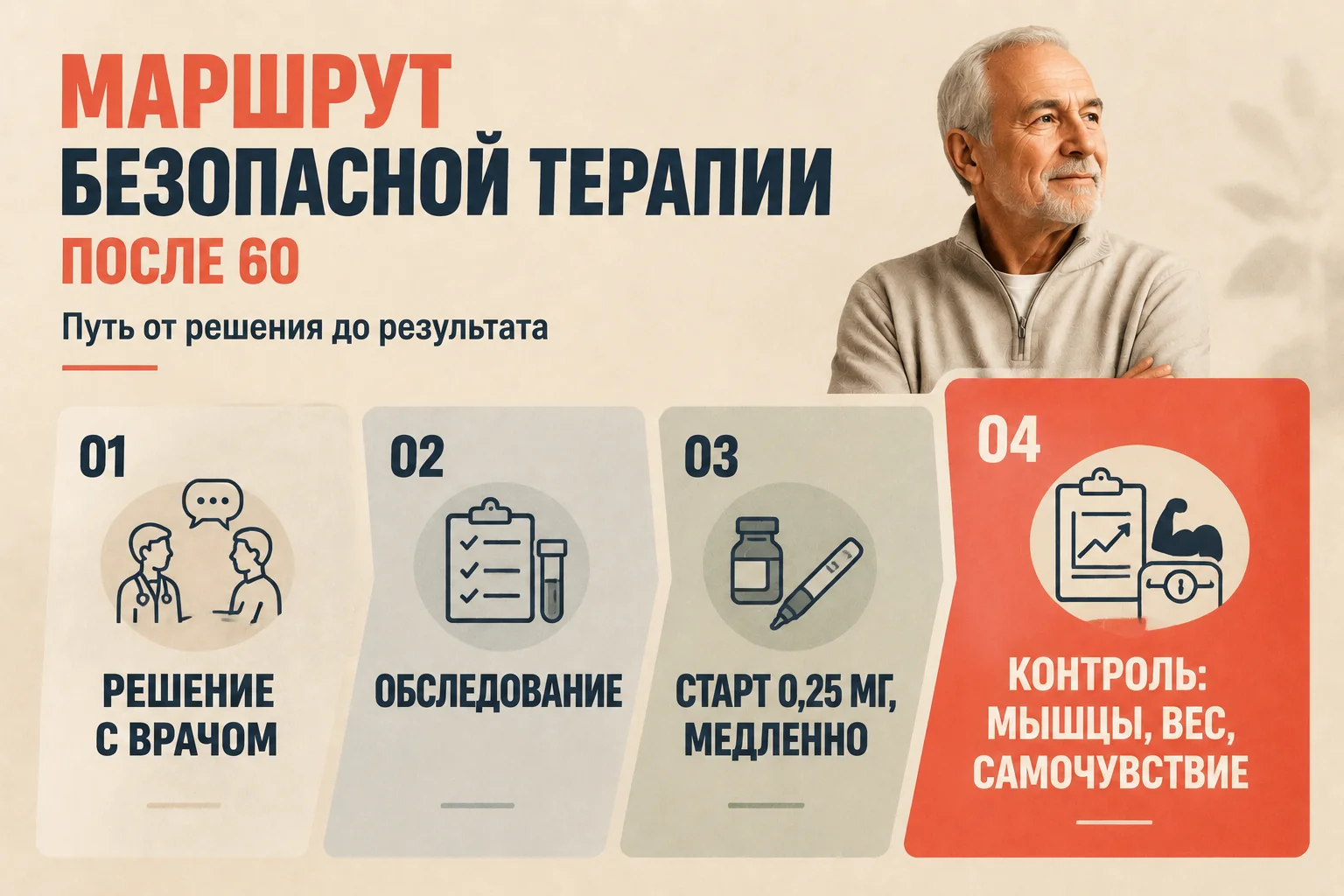 Маршрут пациента 60+: обследование, старт с малой дозы, контроль мышц