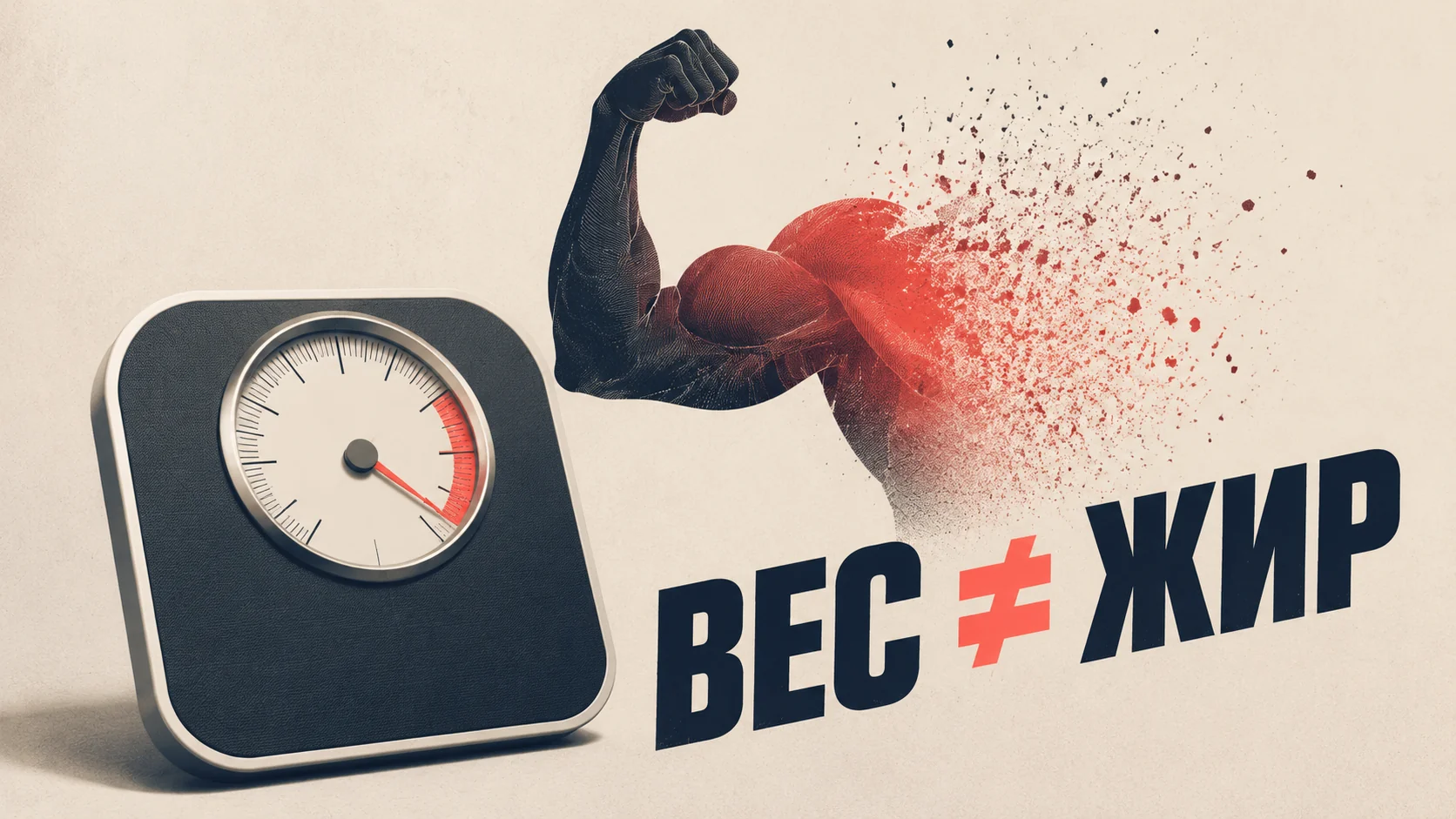 Стрелка весов идёт вниз, а силуэт мышечной руки истончается — метафора потери мышц