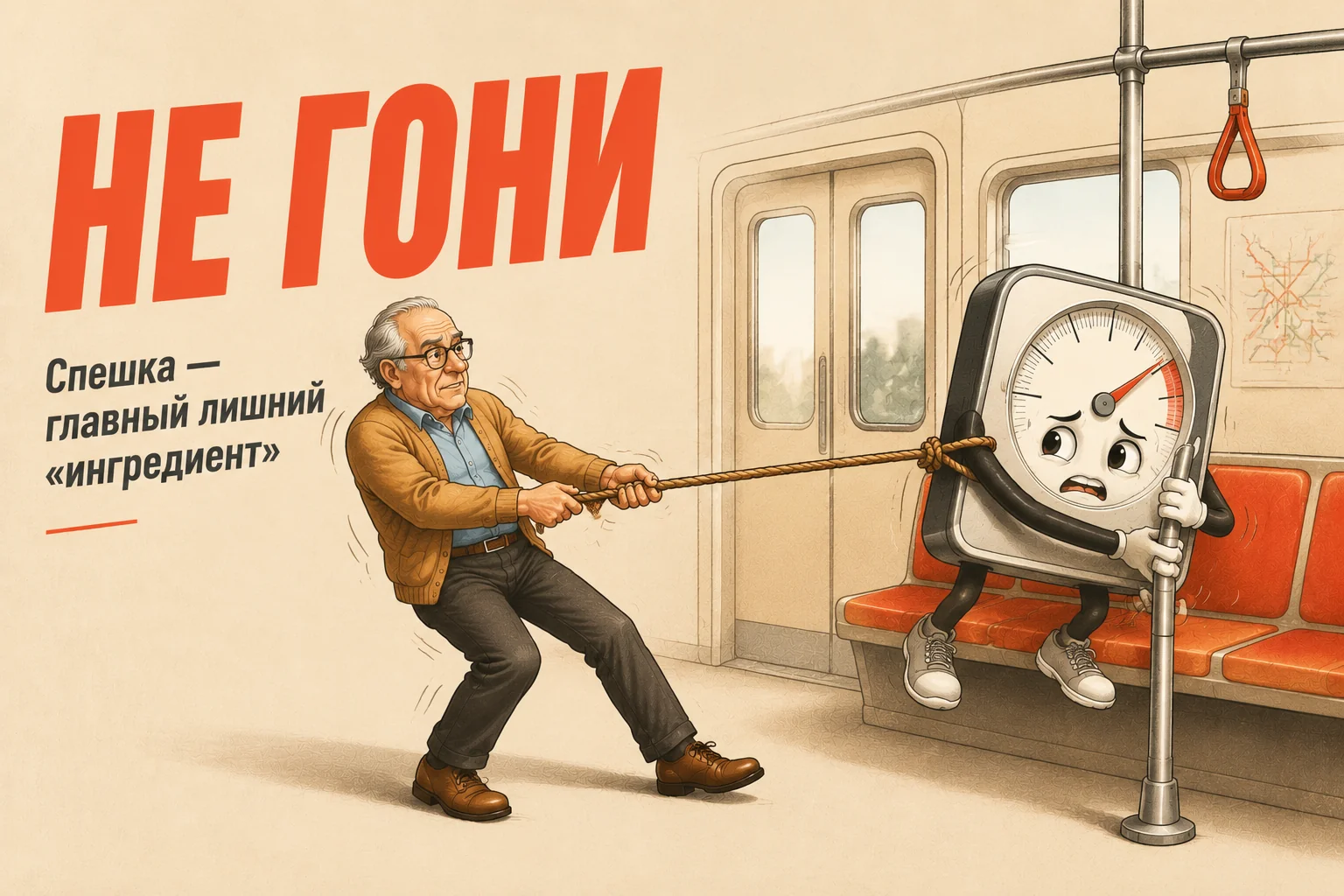 Пожилой человек торопит стрелку весов, а она вцепилась в поручень