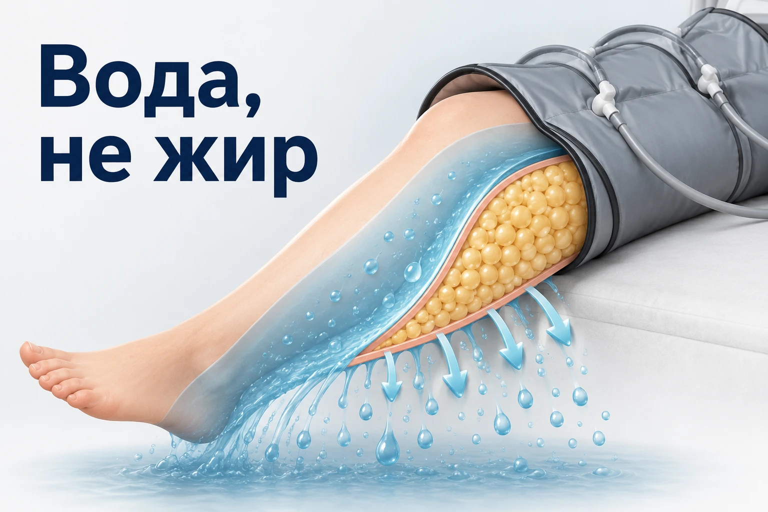 Схема: аппаратный массаж выводит жидкость, но не жир
