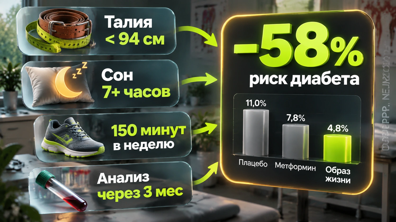 Инфографика: талия, сон, ходьба и анализы — четыре шага мужчины при инсулинорезистентности