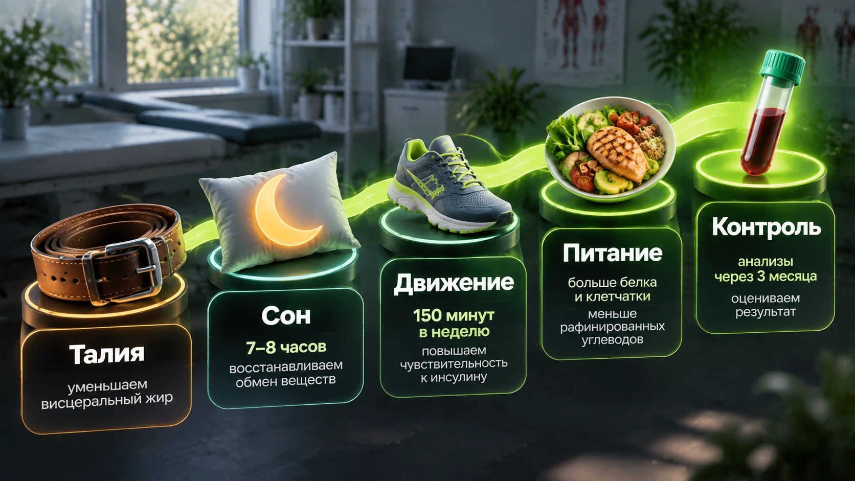 Схема: от растущей талии к восстановленной чувствительности к инсулину — сон, движение, питание, контроль