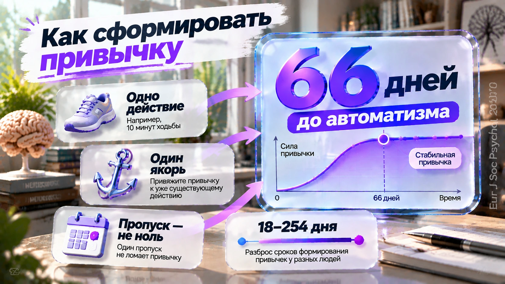 Инфографика: одна привычка, один якорь, 66 дней повторения — путь от мотивации к автоматизму