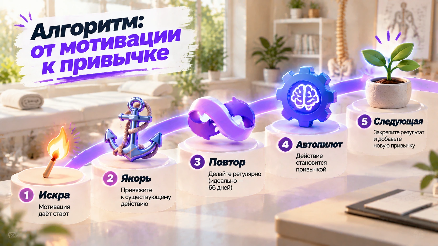 Схема: путь от вспышки мотивации к устойчивой привычке — якорь, повторение, автоматизм, следующая привычка