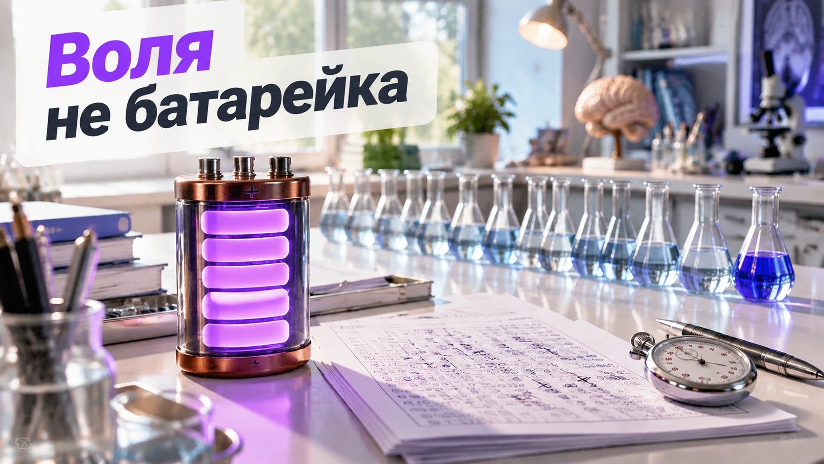 Полностью заряженная старая батарейка на лабораторном столе рядом с тестовыми бланками