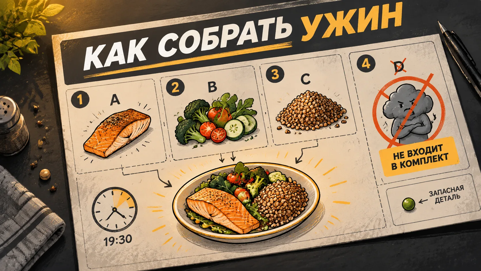 Тарелка с гречкой под вечерней лампой на столе врача, рядом часы
