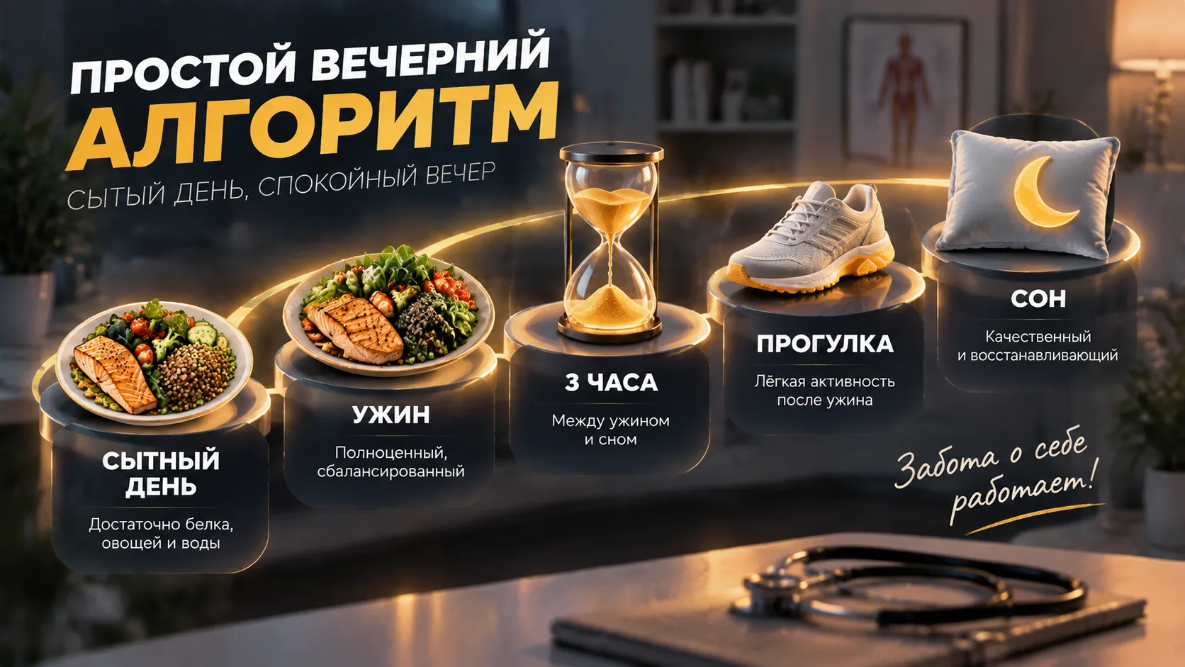 Схема вечернего алгоритма: сытный день, ужин за три часа, прогулка, сон