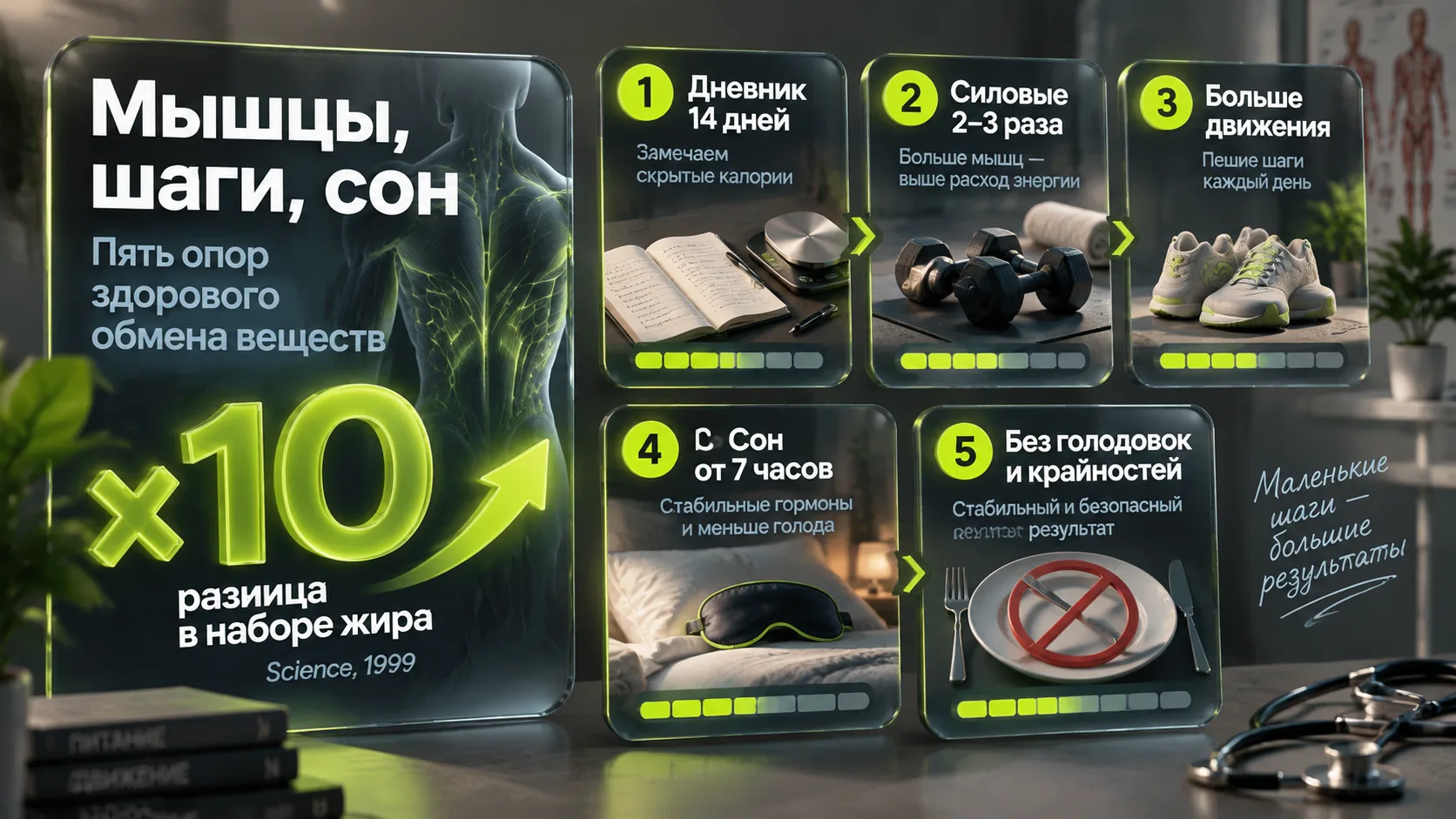 Инфографика: пять шагов для поддержки обмена веществ — дневник, мышцы, шаги, сон, темп