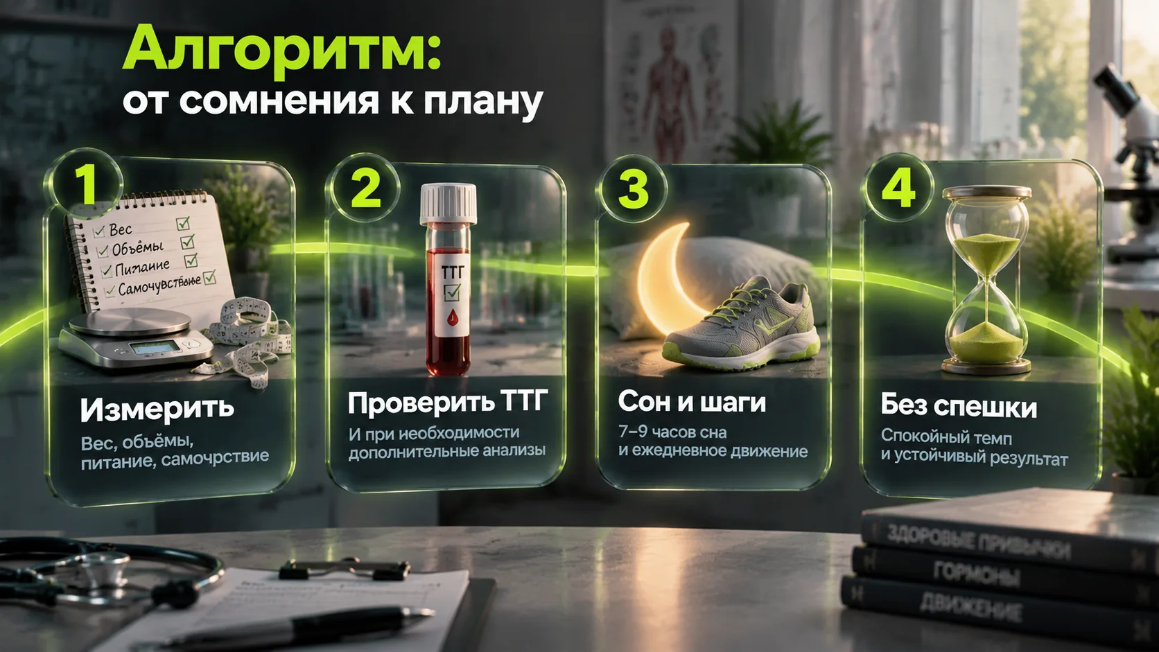 Схема: измерить, проверить ТТГ, наладить сон и движение, держать спокойный темп