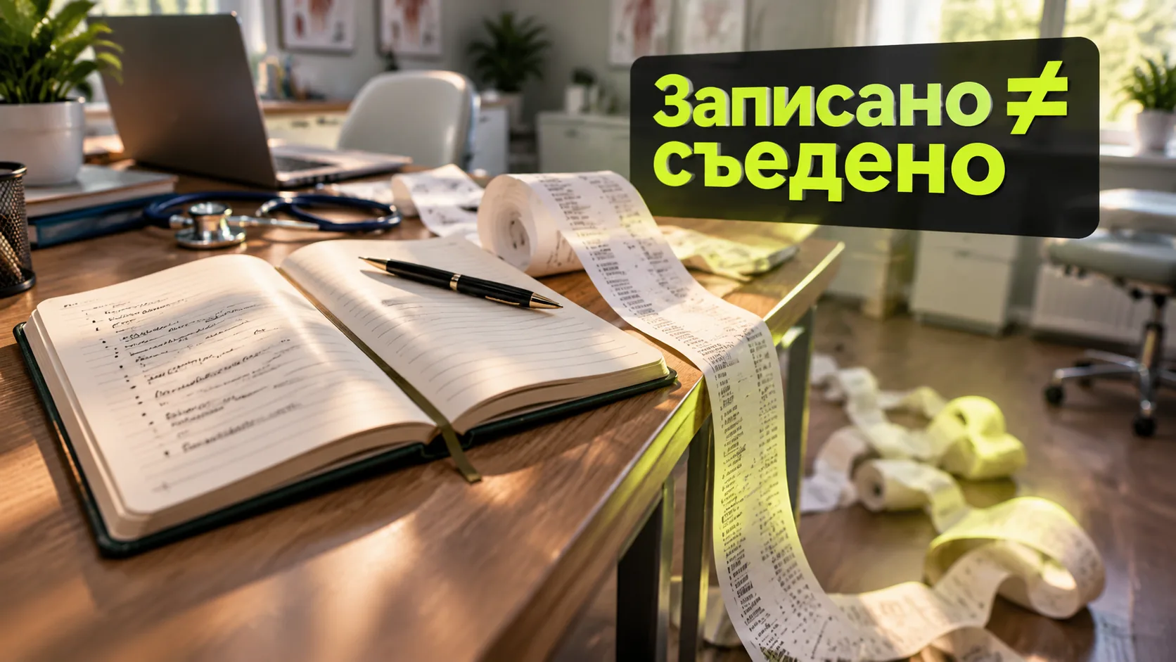 Дневник питания с тремя записями и длинная лента чеков на столе врача