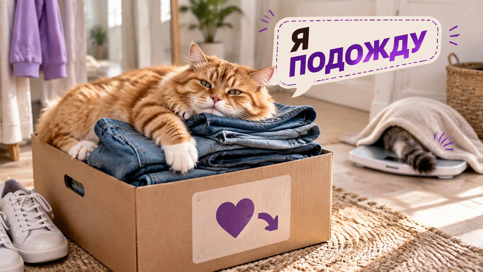 Кот лежит на старых джинсах большого размера и не даёт убрать их в коробку