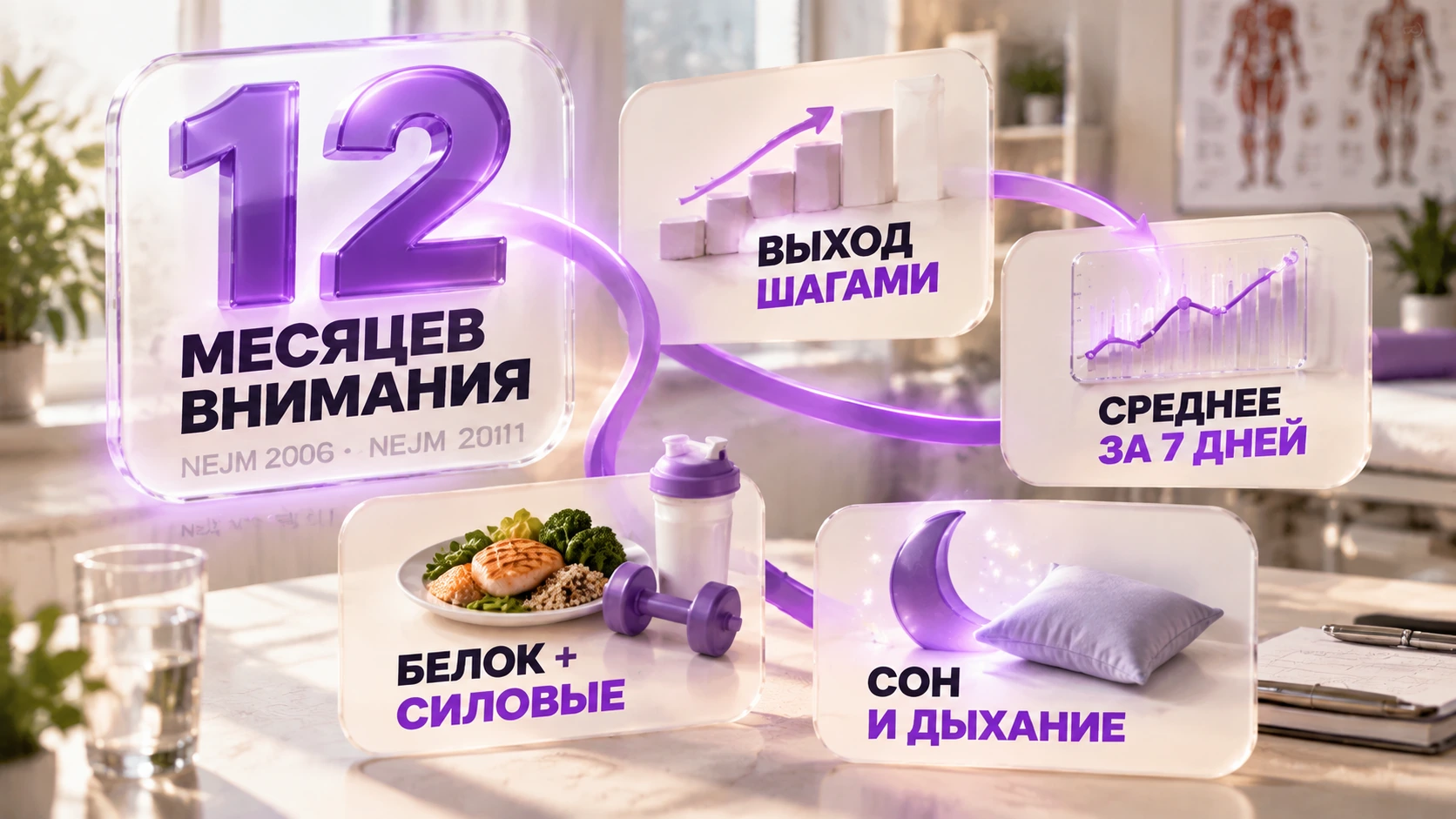 Инфографика: пять опор удержания веса — выход из дефицита, весы, мышцы, движение, сон