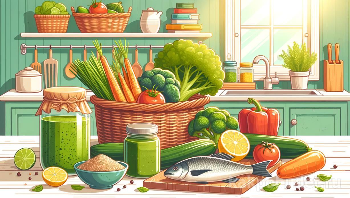 Кухня, стол в ней, на котором стоит корзина с овощами, фрукты, рыба, банки с консервацией. 