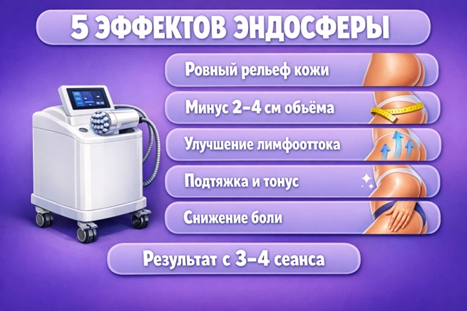 Инфографика с пятью эффектами Эндосферы: уменьшение объёмов, лимфодренаж, подтяжка кожи и снижение боли