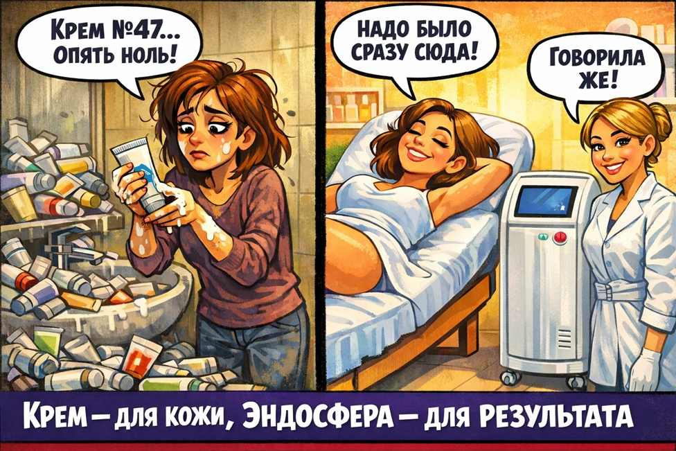 Комикс о сравнении антицеллюлитных кремов и процедуры Эндосфера для коррекции целлюлита