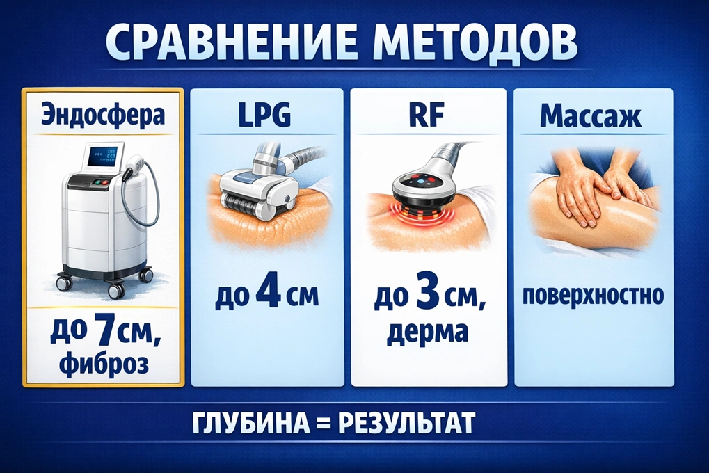 Инфографика сравнения Эндосферы, LPG, RF-лифтинга и ручного массажа по глубине воздействия
